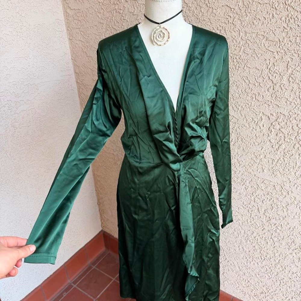 PrettyLittleThing green satin wrap dress